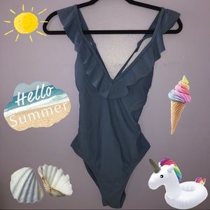 Dusty blue ruffle one-piece bathing suit